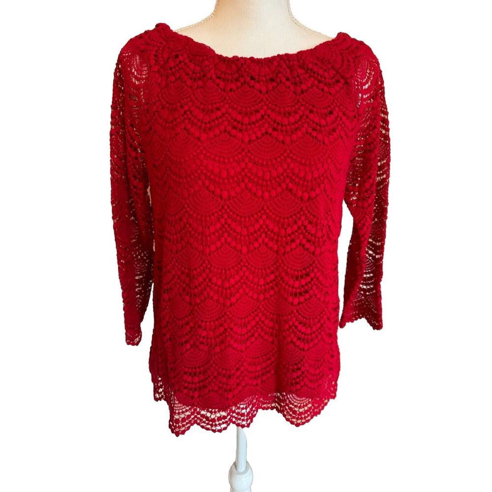 RSVP by Talbots Crochet Blouse, Red Lace Top, Medium Petite, 3/4 Sleeves, Lined